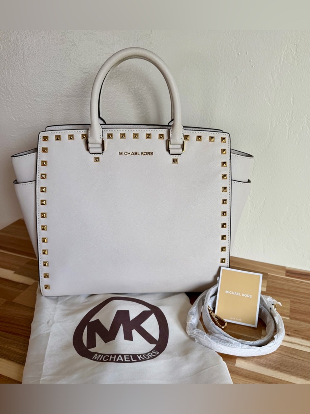 Michael Kors White/Cream Gold Selma Studded Saffiano Leather XL Satchel